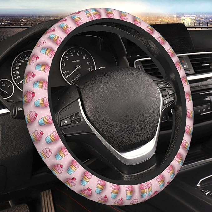 Cupcake Pattern Universal Fit Steering Wheel Cover for Car, Truck, and SUV, Durable Steering Wheel Protection