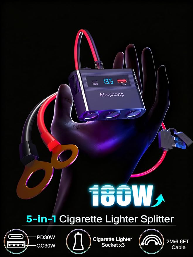 5 in 1 Cigarette Lighter Splitter, 180W Car Charger Adapter with USB PD/QC 30W (6.6FT Cable), 24V/12V Cigarette Socket Eyelet Terminal Battery Power Plug with Main Switch & LED Voltage Display