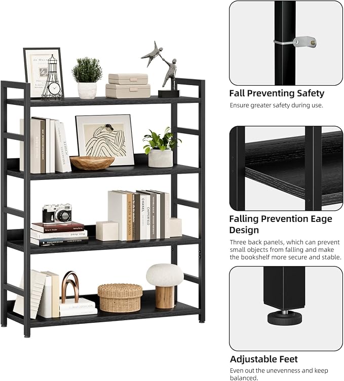 NUMENN 4 Tier Wide Bookshelf for Living Room and Home Office, Black | Bookshelves, Home Office Bookcase Shelf Storage Organizer, Free Standing Storage Shelving Unit for Bedroom