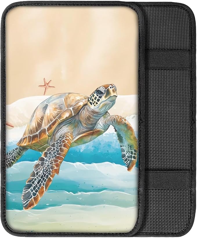 Suobstales Turtle Starfish Beach Print Car Armrest Pad Soft Center Console Arm Rest Protector Cover Universal Car Interior Accessories Decoration