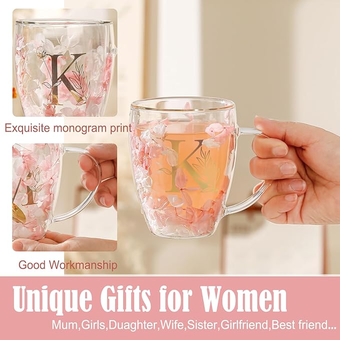 Personalized Gifts for Women Double Wall Flower Glass Coffee Mug Tea cup With Spoon Monogrammed Customized Gifts Birthday Christmas Valentine Mother's Day Gift for Mom Her Wife Friends Bride Sister(K)