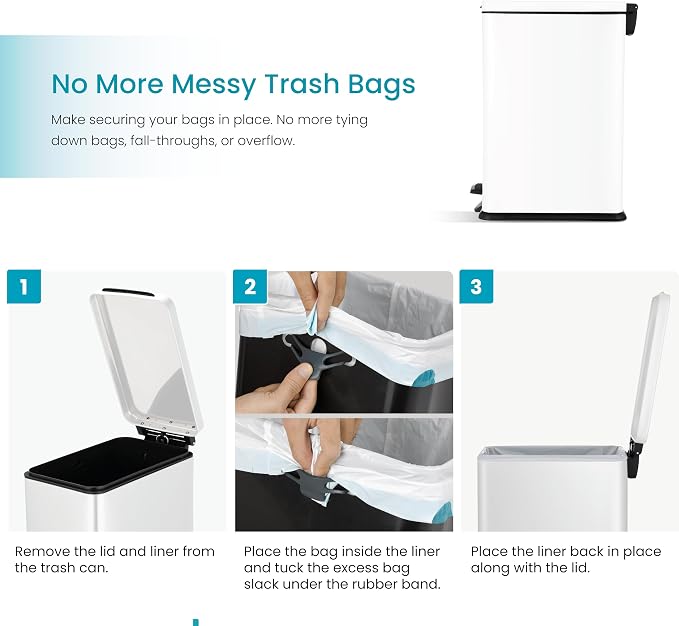 Home Zone Living 4 Gallon Slim Kitchen Trash Can with Soft Close Lid and Step Pedal, Matte White Stainless Steel Wastebasket with Removable Bucket