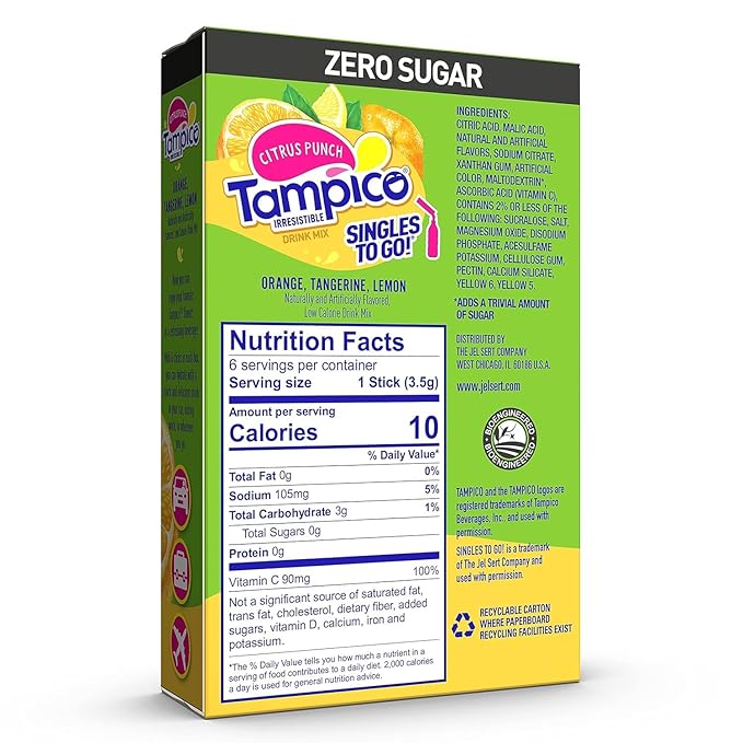 SINGLES TO GO! Tampico Drink Mix Packets, Citrus Punch, Zero Sugar, Low Calorie, 100% DV of Vitamin C per Serving, Convenient, On-The-Go Water Enhancers, 6 Count (Pack of 3)