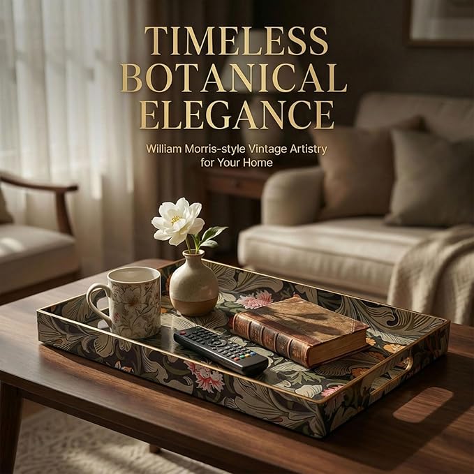 Zosenley Vintage William Morris-Style Serving Tray with Handles - 15.7" x 11.8" Floral Pattern Decorative Platter for Coffee Table, Ottoman & Breakfast in Bed - Sturdy Plastic Rectangular Tray
