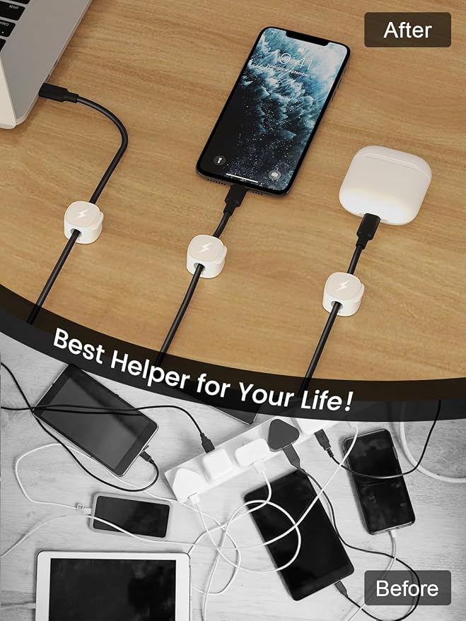 Magnetic Cable Clips [1s Lock] Adhesive Cord Holder Organizer for Nightstand, 6Pack Desk Cable Management Clips, Phone Charger Wire Cord Organizer Keeper for Nightstand Wall Car Office