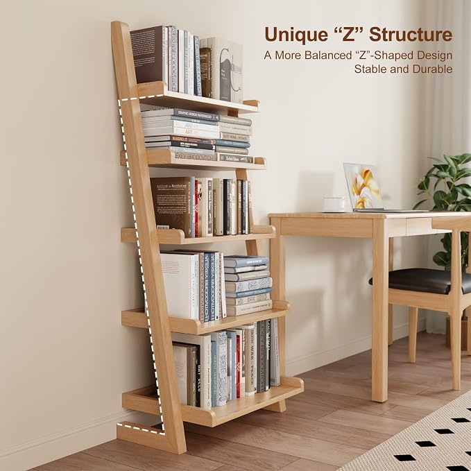 AQIMUELE Wooden Ladder Shelf with Edges, 5-Tier Modern Leaning Bookshelf Ladder – Stylish Space-Saving Bookcase for Living Room, Bedroom & Home Office
