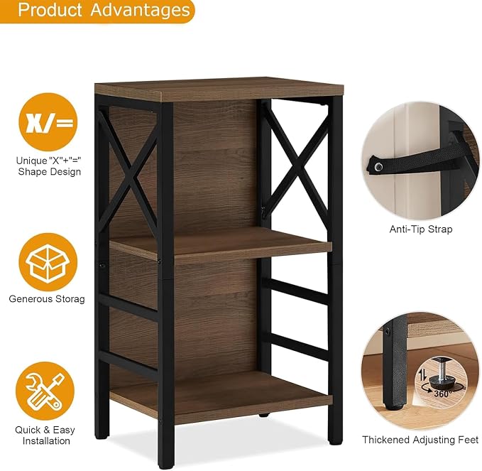 MNEETRUNG Small Bookshelf, 3 Tier Industrial Shelf with Metal Frame and Backboard, Low Rustic Brown Book Shelf, Small Bookcase for Small Spaces,Bookshelf for Living Room, Bedroom & Home Office