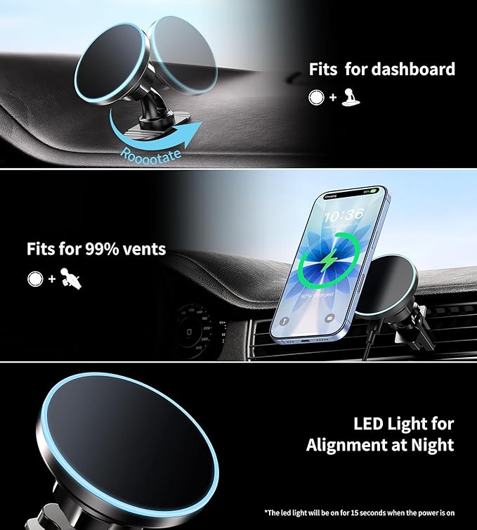 for Magsafe Car Mount Charger, [2025 Upgrade] 15W 2in1 Magnetic Wireless Car Charger, fits for Magsafe Car Charger, Vent/Dashboard Phone Holder for iPhone 17 16 15 14 13 12 Series(Cyan)