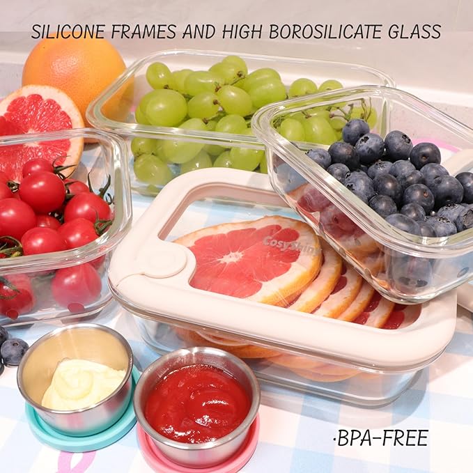 Glass Food Storage Containers with Silicone Glass Lids, Stainless Steel Salad Dressing Containers, LeakProof Food Containers Set, 4-pack 12-21-35-50 oz（White）