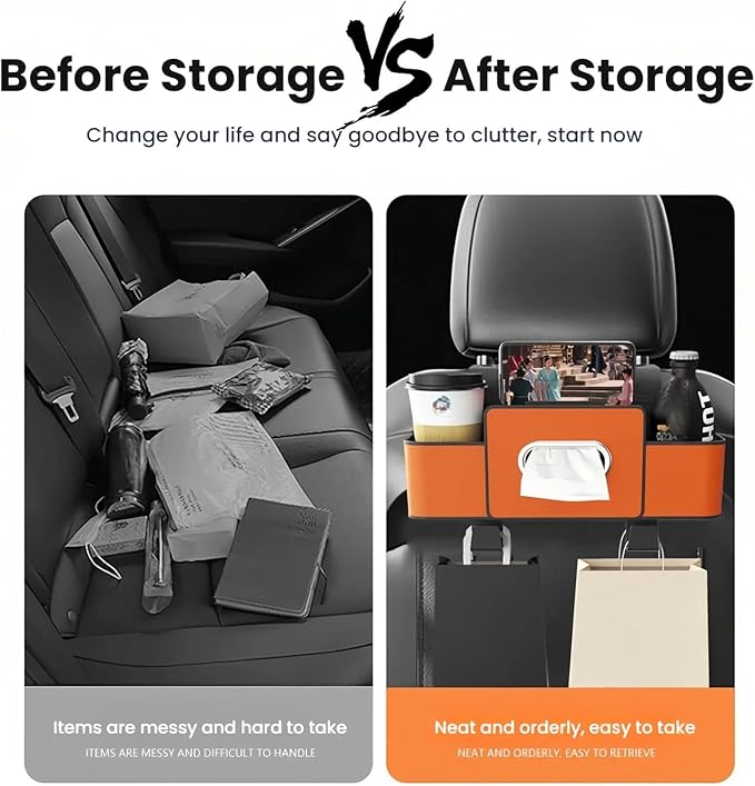 Car Organizers and Storage Box, 2026 New Multifunctional Car Seat Back Storage Box, Multifunctional Car Back Seat Storage Organizer-Carstorage Bag with 2 Cup Holders, Tissue Box, Hooks (Black)