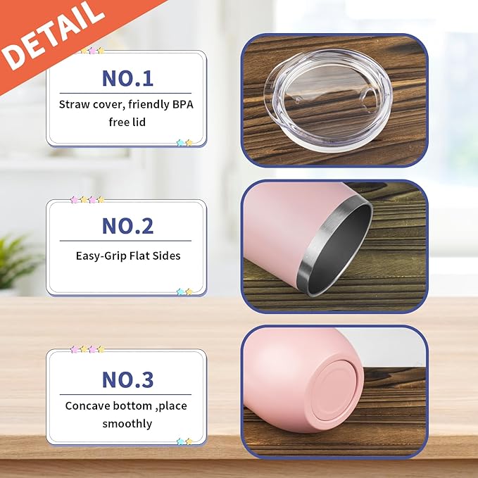 StarSpeed 12oz/6 Pack Wine Tumbler with lid, Stainless Steel Travel Mugs Stemless Double Wall Insulated Coffee Cup, Insulated Wine Glasses Travel Tumbler for Cold & Hot Drinks(Light Pink, 6)
