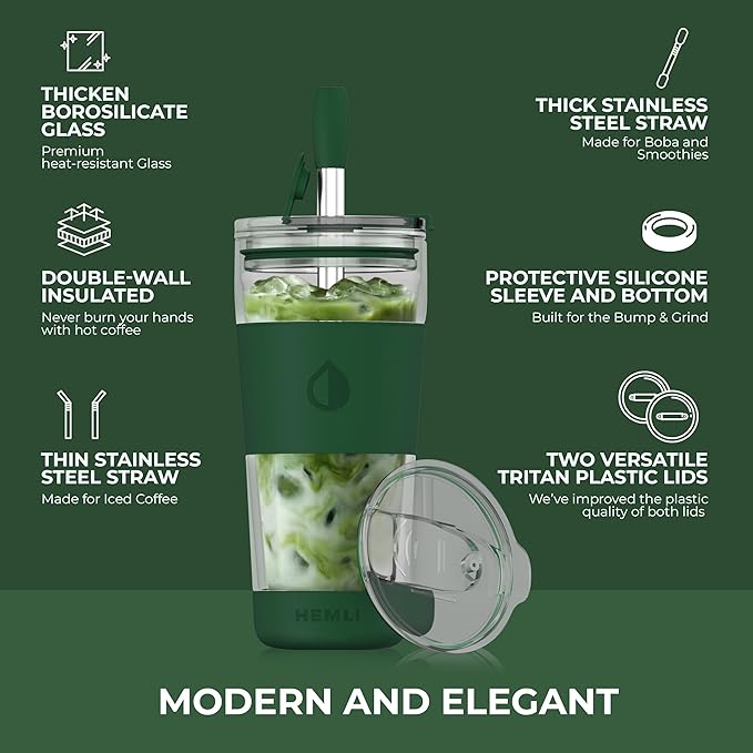 19 oz. Clear Double Wall Glass Coffee Tumbler, To Go Glass Travel Mug with Lid and Straw, Reusable Cup Tea, Smoothies, Ice Coffee, and Boba