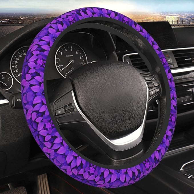 Purple Leaves Car Steering Wheel Cover, 15 Inch Steering Wheel Cover Stylish Decor for Most Cars