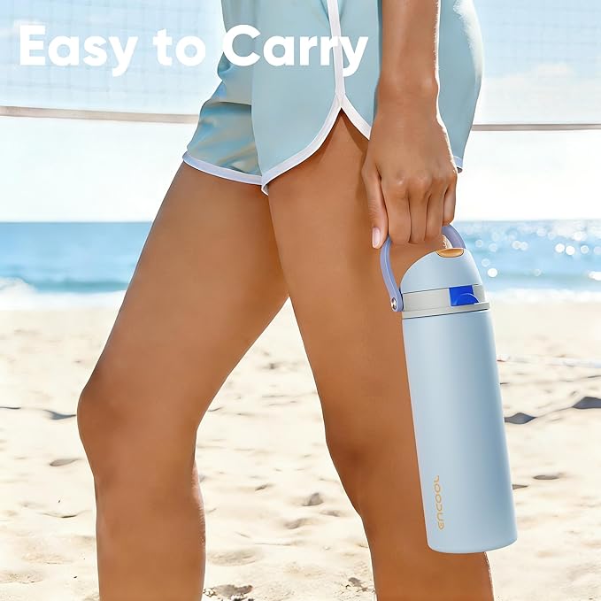 Insulated Water Bottle with Straw - Encool Stainless Steel Water Bottle with Push Button Lid, Leak-Proof & BPA-Free, Keeps Cold for 24 Hours for Sports, Travel, Gym (24 oz, Hazy Blue-Blue)