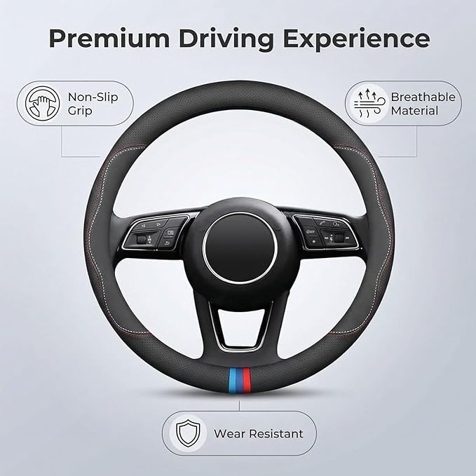 Leather Steering Wheel Cover for Chevy Silverado 1500 2500 3500, Colorado 14.5-15 inches Car Steering Wheel Cover, Black