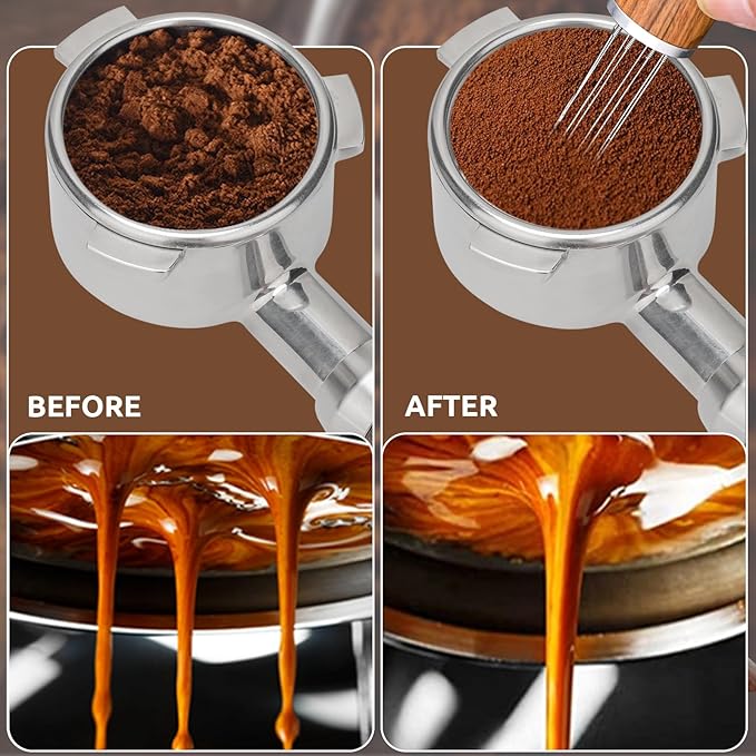 WDT Espresso Stirrer Tool Espresso Distribution Tools,0.4mm 8Pin Replaceable Stainless Steel Needle Distributor and Extra 8 Needles for Espresso Coffee Stirrer,Natural Wood Handle and Stand