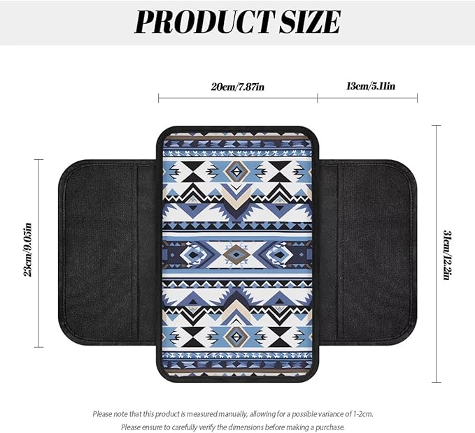 Dreaweet Aztec Armrest Cover for Car Universal Center Console Cover Replacement Blue Southwestern Navajo Tribal Geometric Arm Rest Cover Pad for Truck SUV Car Console Covers with 2 Storage Pockets