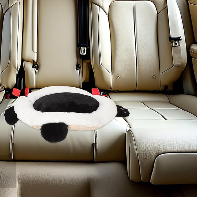 Cute Panda Plush Car Seat Cushion, Lumbar Support Pillow for Driving and Office Chair, Black Rabbit Fur Round Pad, Universal Automotive Interior Accessory