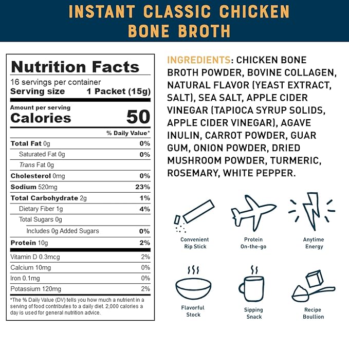 Bare Bones Classic Chicken Bone Broth Instant Powdered Mix Packets | 5g Collagen | 10g Protein | Keto & Paleo Friendly | No Artificial Flavors | Non-GMO, Gluten-Free, Dairy-Free on-the-go 16 Pack