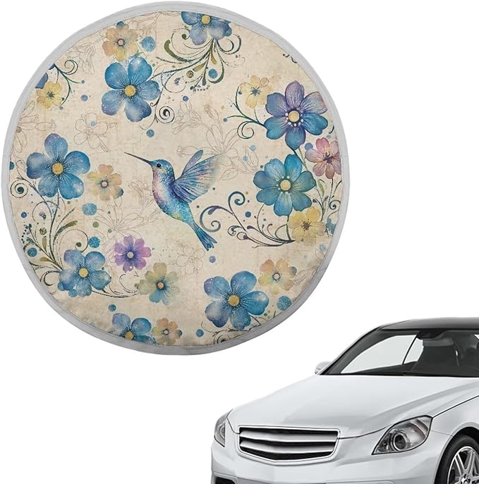 Hummingbird Peach Blossom Blue Pattern Steering Wheel Sunshade Cover Steering Wheel Cover for Sun Protection Steering Wheel Sunblock Cover Interior Accessories for SUV Truck Car Van