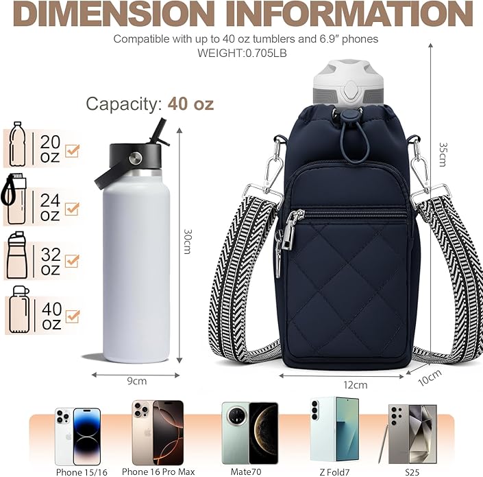 Water Bottle Carrier Bag with Strap, Water Bottle Purse with Phone Pocket 40oz for Walking Hiking
