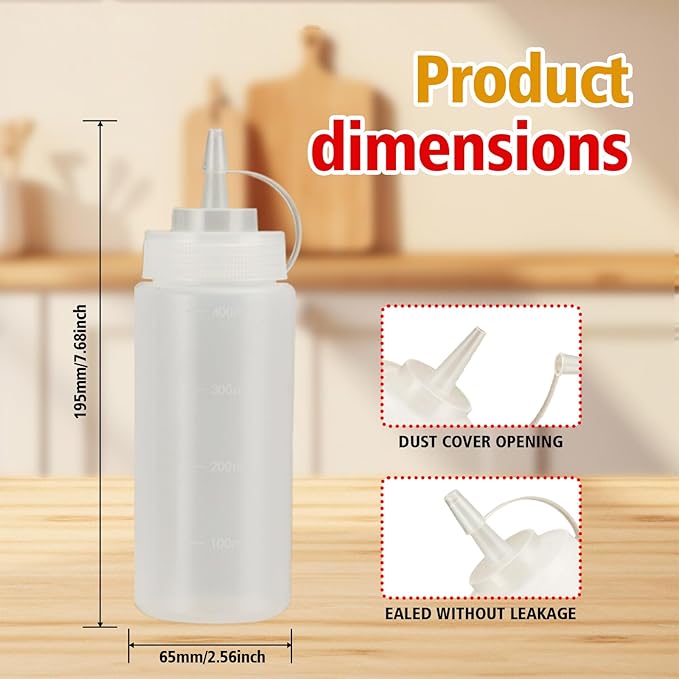Squeeze Bottles for Sauces,Leak-Proof Condiment Dispenser, BPA-Free Kitchen Restaurant Squeeze Bottle Set with Wide Mouth for Ketchup, Mustard,Syrup,Dressings (White, 4Pack-16oz(400ml))