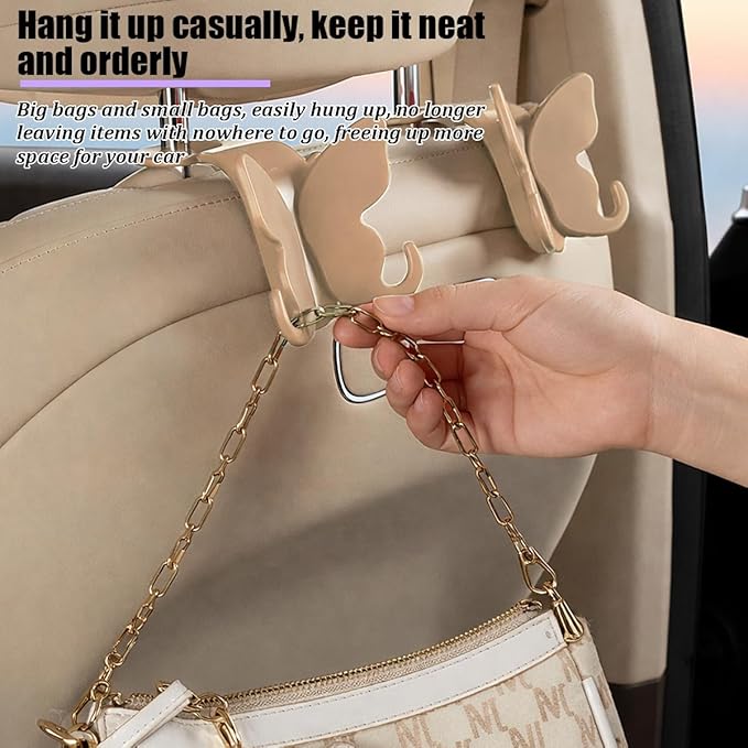 2PCS Car Seat Headrest Hook, Cute Butterfly Backseat Storage Hanger Organizer for Purse Handbag Umbrella, Auto Interior Seat Back Hook Holder Decor, Universal for SUV Truck Van (Brown)