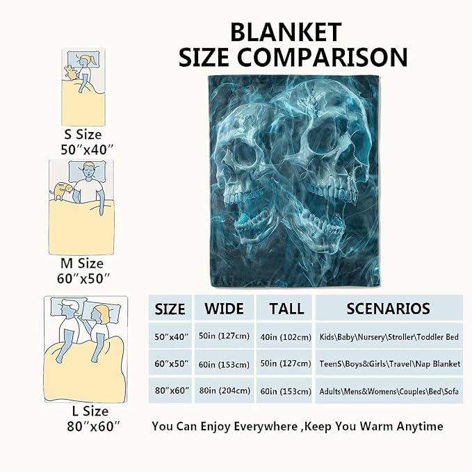 Gothic Blue Skull Blanket,Goth Spooky Throw Blankets,Gifts for Women Men, Lightweight Soft Fleece Cozy,for Sofa Couch Bed Room Travel,Festival Halloween Aesthetics Decor,40x50in