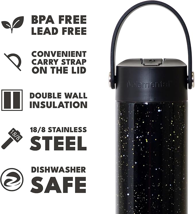 Elemental 24oz Insulated Water Bottle with Straw - 100% Leak-Proof Stainless Steel Core Water Bottles for Travel, Sports and Gym - Double Wall Insulation & BPA Free - Black Speckle