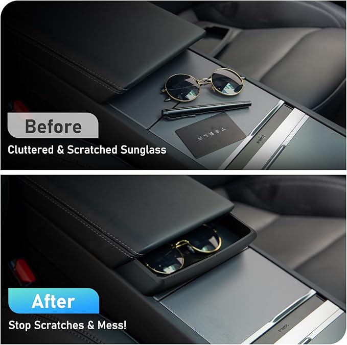 2025 Center Console Sunglasses Holder for Tesla Model Y Juniper & Model 3 Highland, Soft Silicone Armrest Key Card Phone Holder Storage Box for 2025 2026 Model Y Juniper Model 3 Highland Accessories
