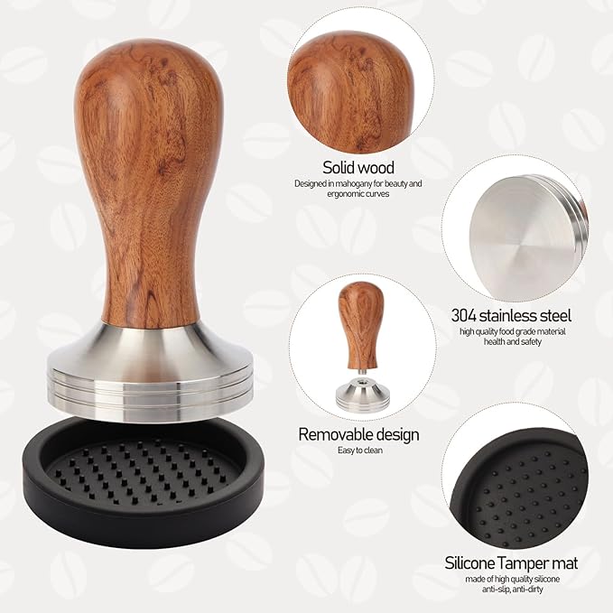51mm Espresso Tamper Kit, Hard Wood Espresso Tamper Tool & Powder Press Pad & 8-Needles Espresso Stirrers For 51 mm Portafilter