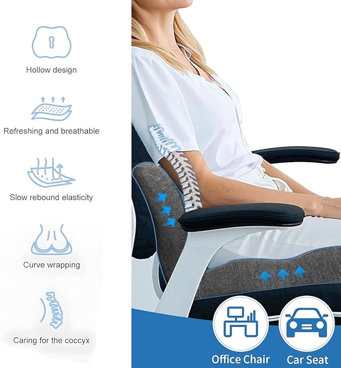 Seat Cushion Memory Foam Pads Seat Cushion for Truck Driver,Office Chair Cushion Home Chair Ergonomic Back Support Memory Foam Chair Cushion for Long Sitting Office Worker (Dark Grey)