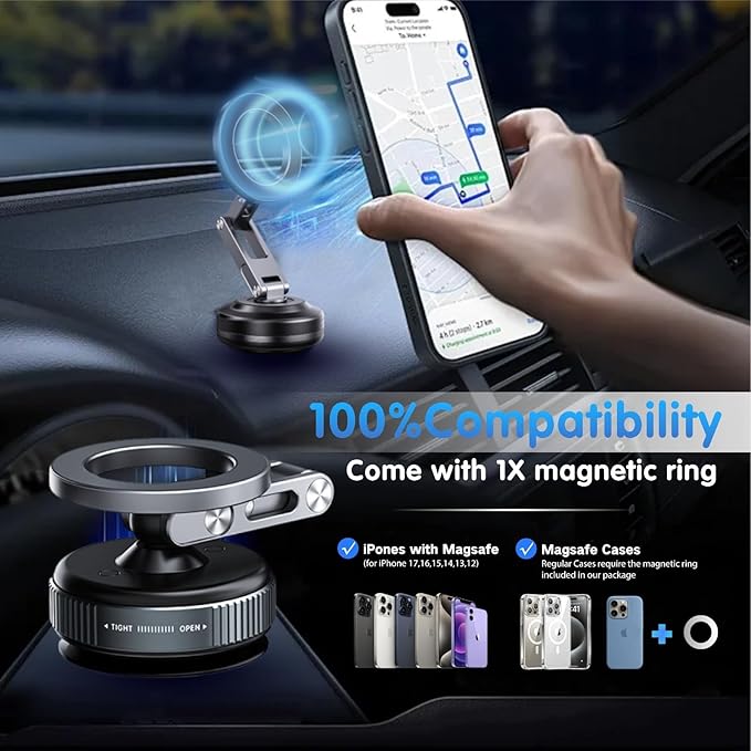 Vacuum Magnetic Car Phone Mount for MagSafe, 360° Adjustable Ball Joint, Strong Suction Cup Windshield Phone Holder with Aluminum Alloy Telescopic Arm