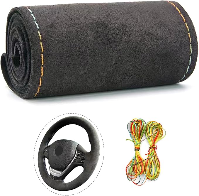 Suede Leather Steering Wheel Cover Wrap Kit - DIY Stitch-On for 16-17" Wheels, Superior Sweat Absorption & Non-Slip Grip, Comfortable & Durable Year-Round Upgrade