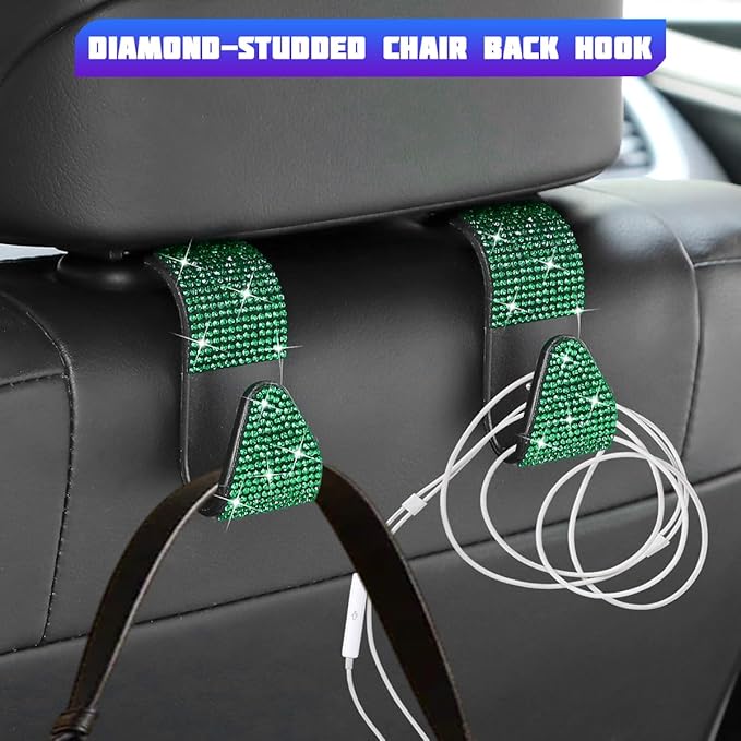 Bling Car Seat Headrest Hooks, 4PCS Crystal Rhinestone Vehicle Back Seat Hanger Holder for Handbags Purses Coats, Automotive Headrest Storage Organizer, Universal for RV SUV Truck (Green)