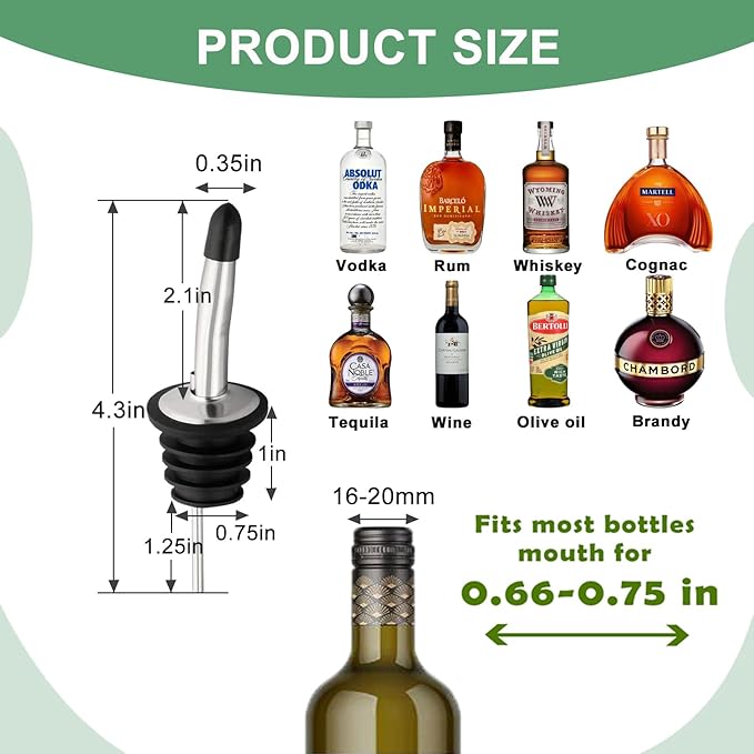 WAFJAMF 6 Pcs Liquor Pour Spouts Set, Stainless Steel Liquor Bottle Pourers with Rubber Dust Caps, for Pours Liquid, Olive Oil, Wine, Vinegar (Silver)