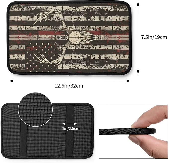 American Flag Print Car Center Console Cushion Pad, Vintage Elk Hunting Universal Armrest Seat Box Cover Protector,Comfortable Cars Accessories Fit for Most SUV Truck Van Vehicles, SUVs