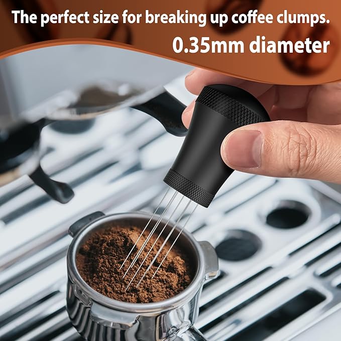 WDT Espresso Distribution Tool Espresso Stirrer Tools for Barista, 0.35mm 7 Needles Espresso Coffee Stirrer with Extra 7 Replaceable Needles, Aluminum Alloy Handle with Stand (Black)