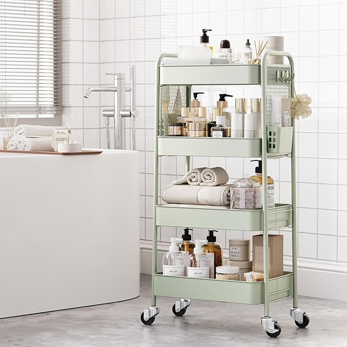 TOOLF 4 Tier Rolling Cart with Pegboard, Metal Storage Organizer Cart with Wheels, Hooks & Bins Esthetician Craft Art Sturdy Storage for Bathroom, Kitchen, Office, Nursery Diaper