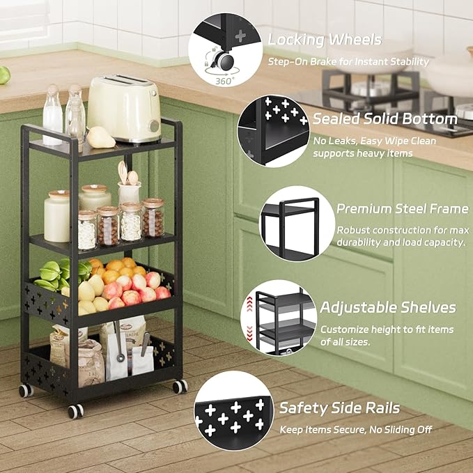 Kitchen Rolling Cart,4 Tier Mobile Utility Snack Cart with Adjustable Shelf, Fruit and Vegetable Storage on Wheels for Kitchen, Bathroom, Office,Coffee Bar Black