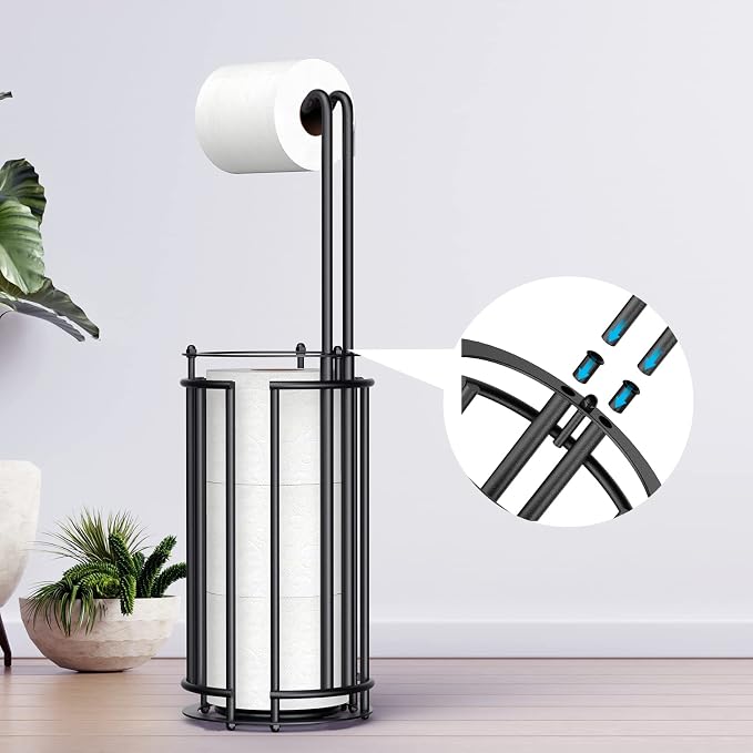 Meangood Toilet Paper Holder Stand and Tissue Paper Roll Dispenser for 4 Mega Rolls, Bathroom Free Standing Tissue Roll Storage Holder Rack, Detachable (Matte Black)
