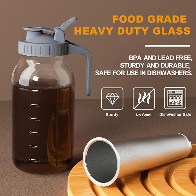 Cold Brew Coffee Maker Jar - 64oz Wide Mouth,LeakProof,Heavy Duty Glass Mason Pitcher with Spout Lid,Handle & Stainless Steel Filter for Iced Coffee,Lemonade,Ice Tea & Fruit Drinks