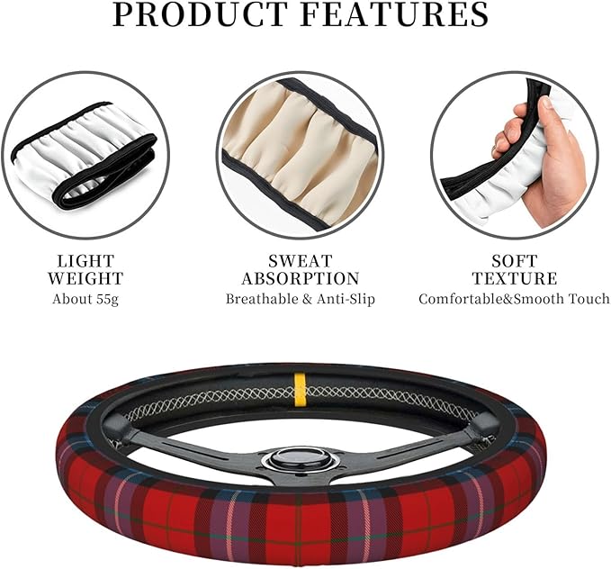 Thickened Elastic Steering Wheel Cover, Baillie of Polkemett Red Tartan Ultra, Soft, Breathable, Fit for Cars, SUVs, Trucks, Stylish Comfortable Grip
