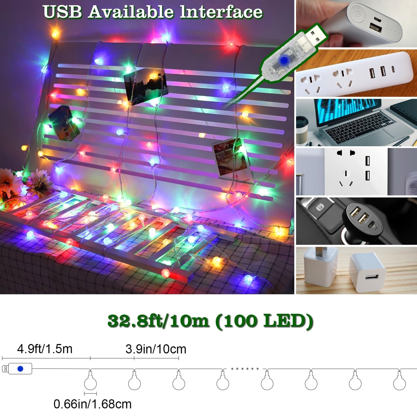 Eoako Globe LED String Lights 100 LED 38ft Color Changing with Remote, 7 Modes, Indoor/Outdoor, RGB, Model XBQ-100RGB