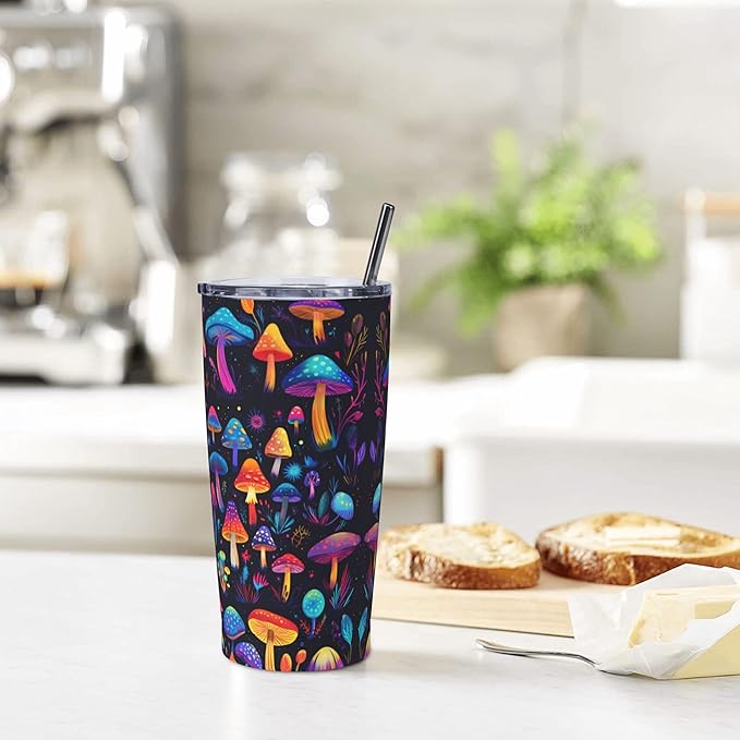 Mushroom Tumbler with Lid and Straw 20oz Coffee Tumblers Leakproof Stainless Steel Travel Mug Vacuum Insulated Cup for Iced and Hot