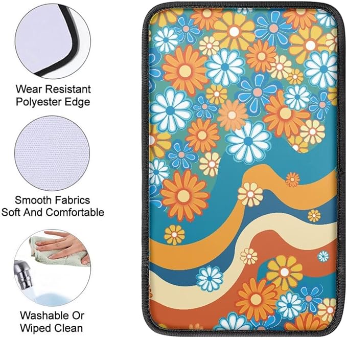 Hippy Floral 70s Car Armrest Cover Pad for Women Breathable Soft Center Console Arm Rest Protector Cover Universal SUV Vehicle 70s Car Accessories
