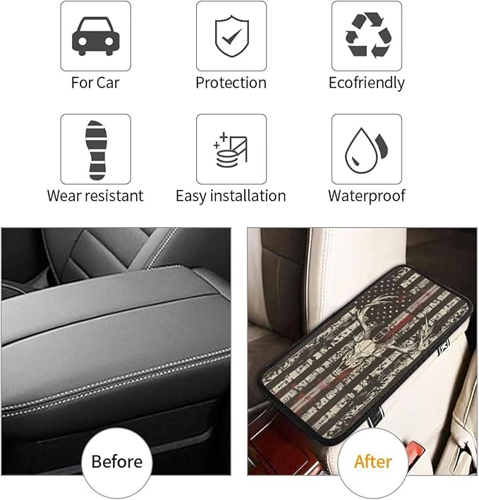 American Flag Print Car Center Console Cushion Pad, Vintage Elk Hunting Universal Armrest Seat Box Cover Protector,Comfortable Cars Accessories Fit for Most SUV Truck Van Vehicles, SUVs