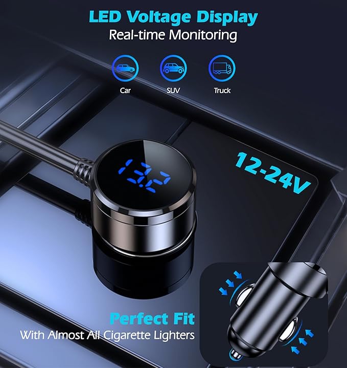 LIHAN Cigarette Lighter Splitter with Retractable Type-C Cable, 3 Sockets & 3 USB Ports (PD45W+QC),12V/24V Car Charger Adapter, LED Voltage Display & Independent Switch for Vehicles/RV/SUV/Truck