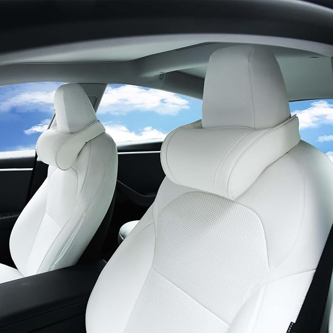 Car Neck Pillow for Tesla Model 3 Model Y Model S Model X Cybertruck and Most Cars, Memory Foam Ergonomic Design Seat Neck Support Headrest, 2 Pieces, White