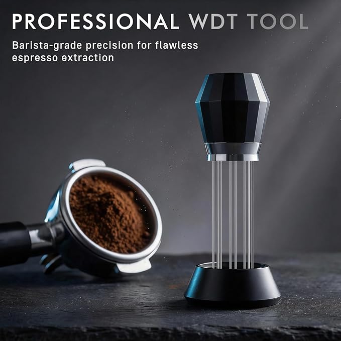 WDT Espresso Distribution Tool Espresso Stirrer Tools for Barista, 0.35mm 8 Needles Espresso Coffee Stirrer with Extra 4 Replaceable Needles, Aluminum Alloy Handle with Stand (Black)